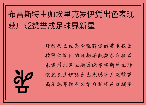 布雷斯特主帅埃里克罗伊凭出色表现获广泛赞誉成足球界新星 布雷斯特主帅埃里克罗伊凭出色表现获广泛赞誉成足球界新星